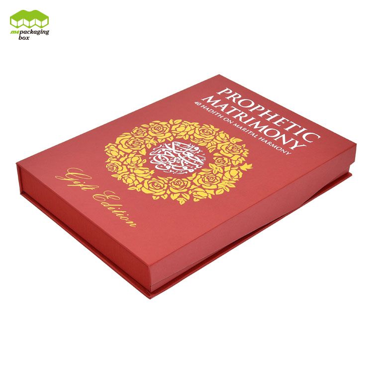 Caja de regalo de papel estilo libro de impresión CMYK con frustración de oro del logotipo