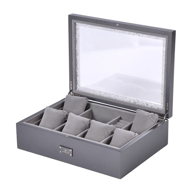 Caja de almacenamiento para exhibición de joyas y relojes, color gris con brillo perlado, 8 ranuras, con ventana acrílica