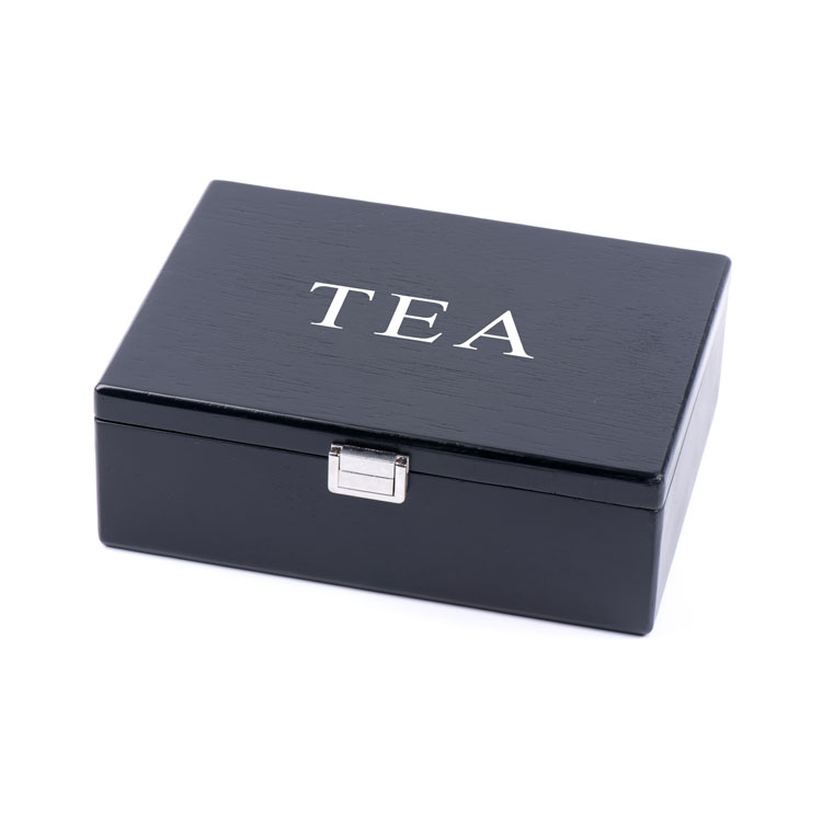 Caja de madera para té con 6 ranuras y chapa negra mate