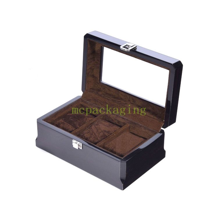 Caja de almacenamiento de empaquetado del reloj de madera de la exhibición de 3 ranuras del negro de gama alta con la caja de embalaje de madera de la ventana clara
