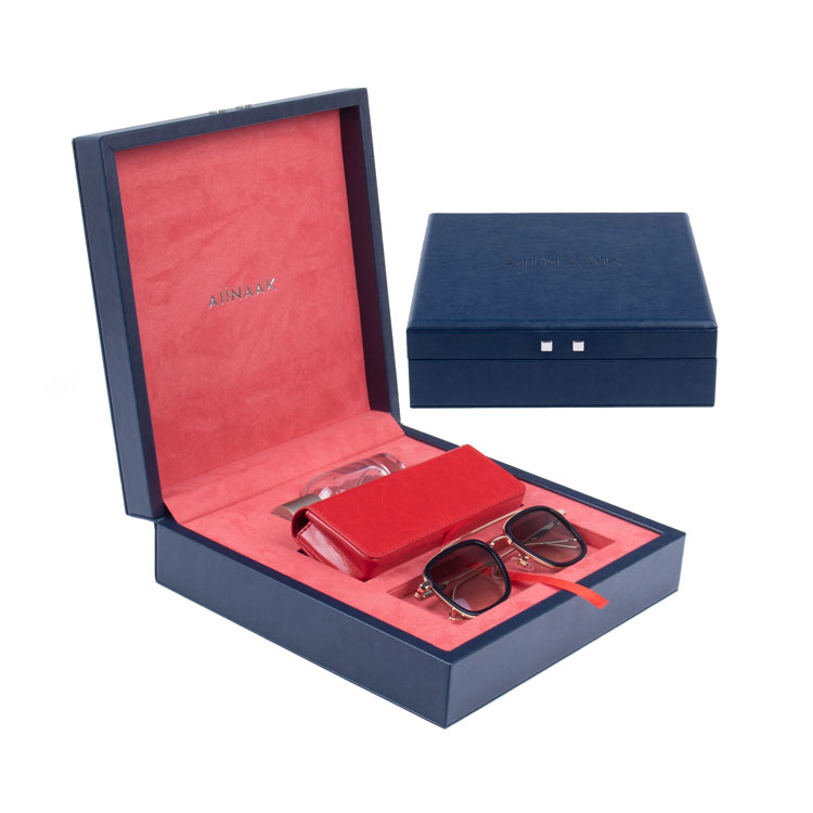 Diseñador LOGO DE LUXURA Custom Azul Rojo a prueba de cuero Velvet PU Wood Gafas de sol Set Packaging Cajas