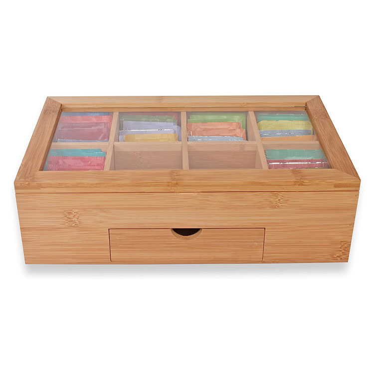 Productos Tea Box Bag Storage Soporter Organizador de bambú El contenedor de cofre de madera tiene 8 compartimentos viene con cajón completo