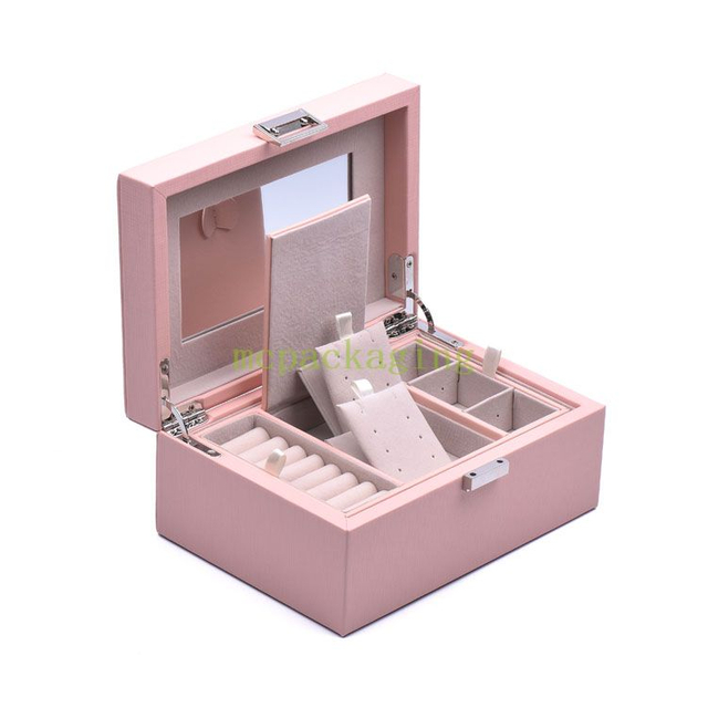 Nueva llegada de lujo Mini cuero Pu pequeño joyero de viaje organizador regalos de mujer caja de almacenamiento de joyería con logotipo personalizado con espejo