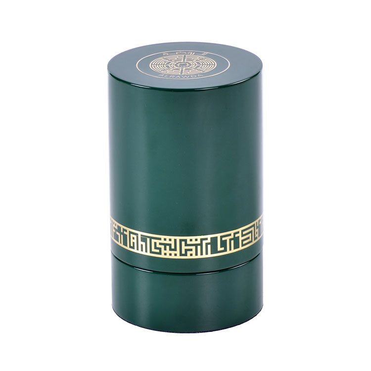 Etiqueta de metal redonda con decoración de borde y patrones, pintura de piano verde, caja de madera de perfume de alta gama