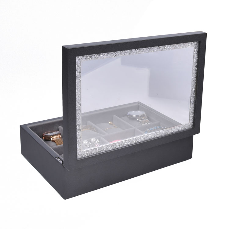 Caja de almacenamiento para exhibición de joyas y relojes, color gris con brillo perlado, 8 ranuras, con ventana acrílica