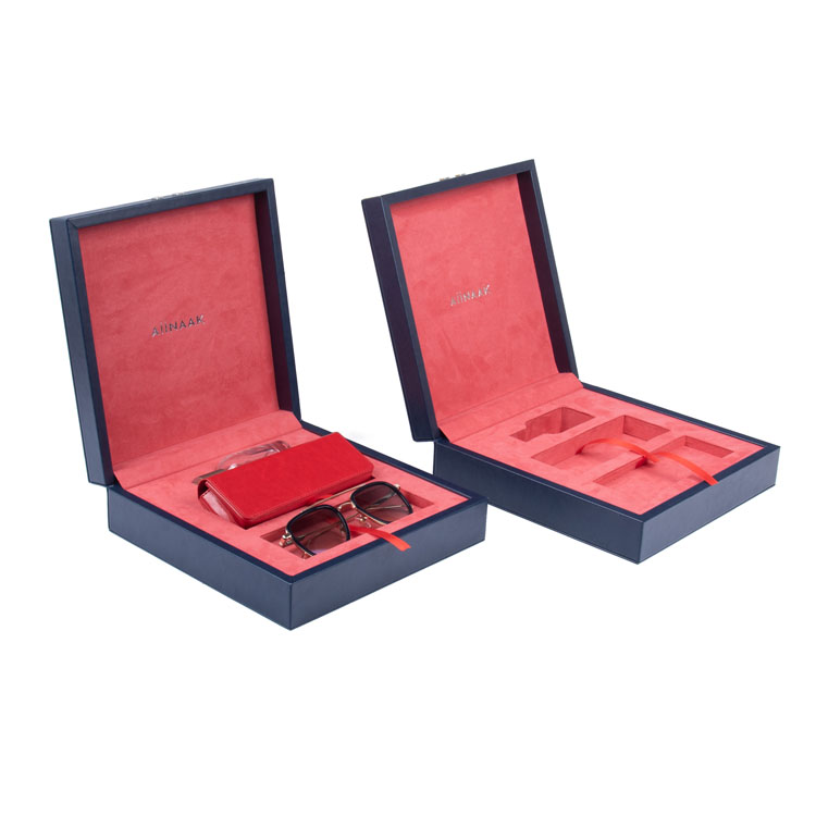 Diseñador LOGO DE LUXURA Custom Azul Rojo a prueba de cuero Velvet PU Wood Gafas de sol Set Packaging Cajas