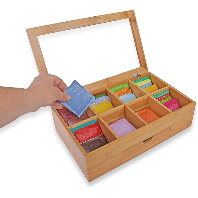 Productos Tea Box Bag Storage Soporter Organizador de bambú El contenedor de cofre de madera tiene 8 compartimentos viene con cajón completo