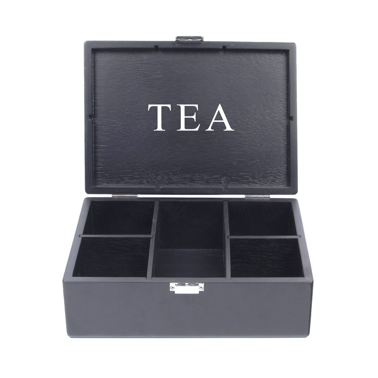Caja de madera para té con 6 ranuras y chapa negra mate