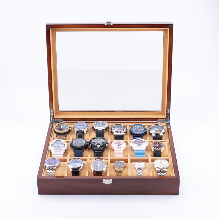 Organizador de almacenamiento de relojes de alta calidad con 18 ranuras WoodBox Factory con tapa transparente