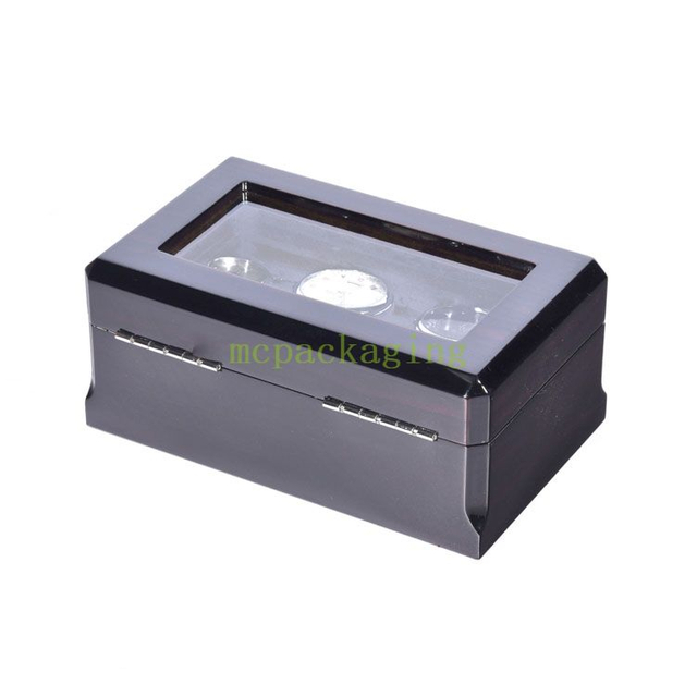 Caja de almacenamiento de empaquetado del reloj de madera de la exhibición de 3 ranuras del negro de gama alta con la caja de embalaje de madera de la ventana clara