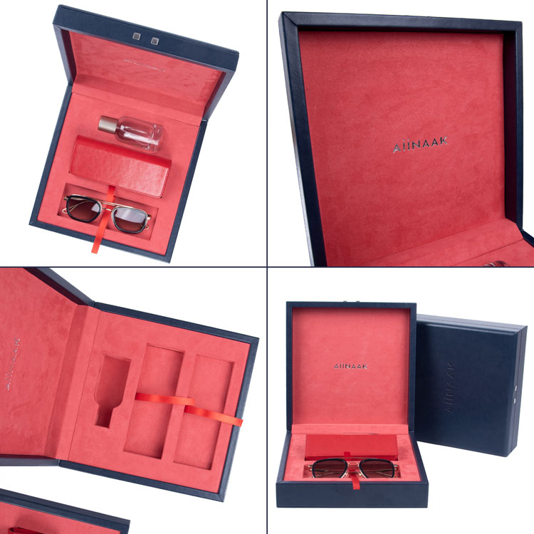 Diseñador LOGO DE LUXURA Custom Azul Rojo a prueba de cuero Velvet PU Wood Gafas de sol Set Packaging Cajas