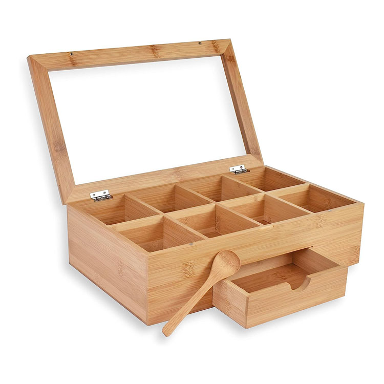 Productos Tea Box Bag Storage Soporter Organizador de bambú El contenedor de cofre de madera tiene 8 compartimentos viene con cajón completo