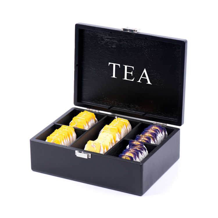 Caja de madera para té con 6 ranuras y chapa negra mate
