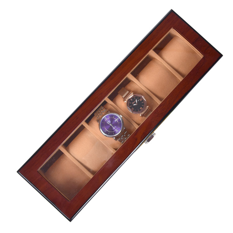 Caja de empaquetado al por mayor de la presentación del reloj de la ranura de Brown 6 con la ranura de madera de la caja de reloj de la ventana clara 6