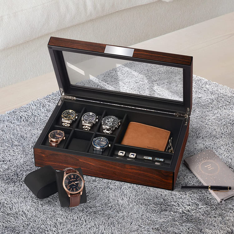 Caja de reloj de madera Caja de reloj de madera de la India Caja de reloj de madera sólida del café expreso con 12 ranuras