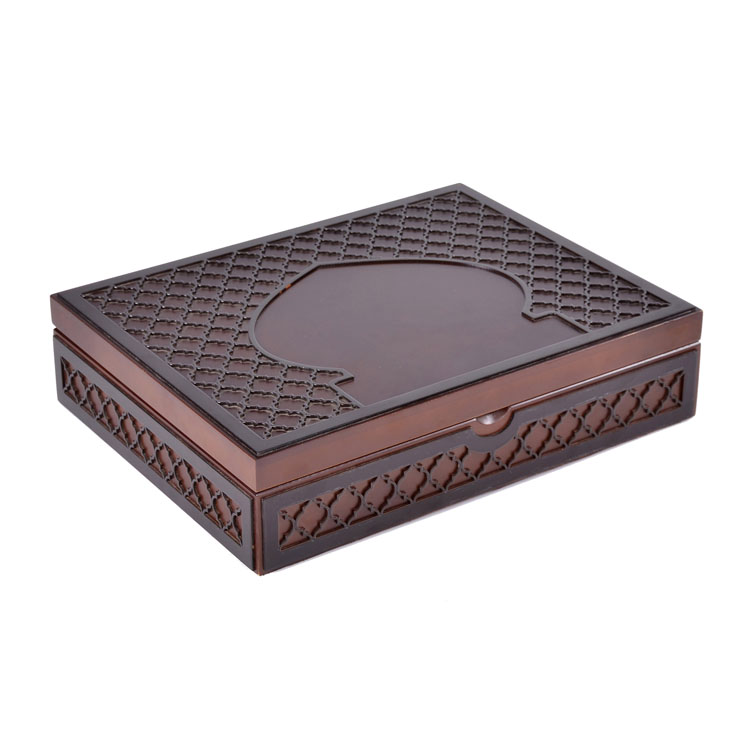 Caja de regalo de Ramadán de madera en forma de mezquita con acabado mate para envases de citas y dulces