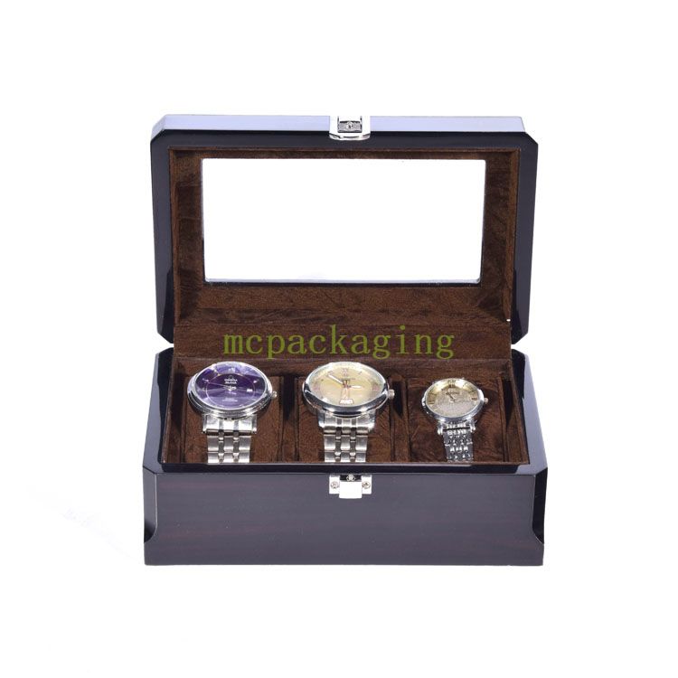 Caja de almacenamiento de empaquetado del reloj de madera de la exhibición de 3 ranuras del negro de gama alta con la caja de embalaje de madera de la ventana clara