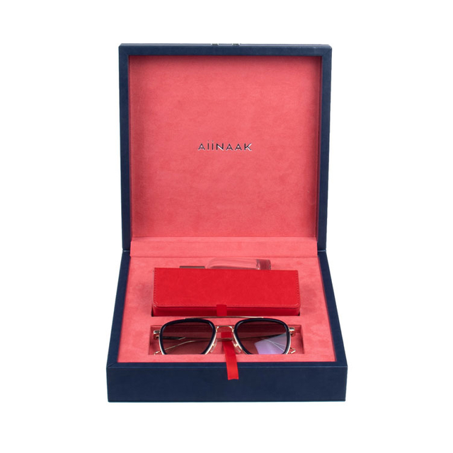Diseñador LOGO DE LUXURA Custom Azul Rojo a prueba de cuero Velvet PU Wood Gafas de sol Set Packaging Cajas