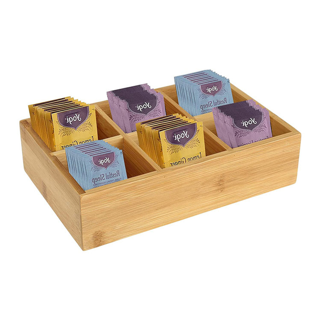 Organizador de bolsas de té de bambú Madera Hot Hot Bag Bag Organizer Organizador de almacenamiento con 6 compartimentos Caja de té de té para estación de café