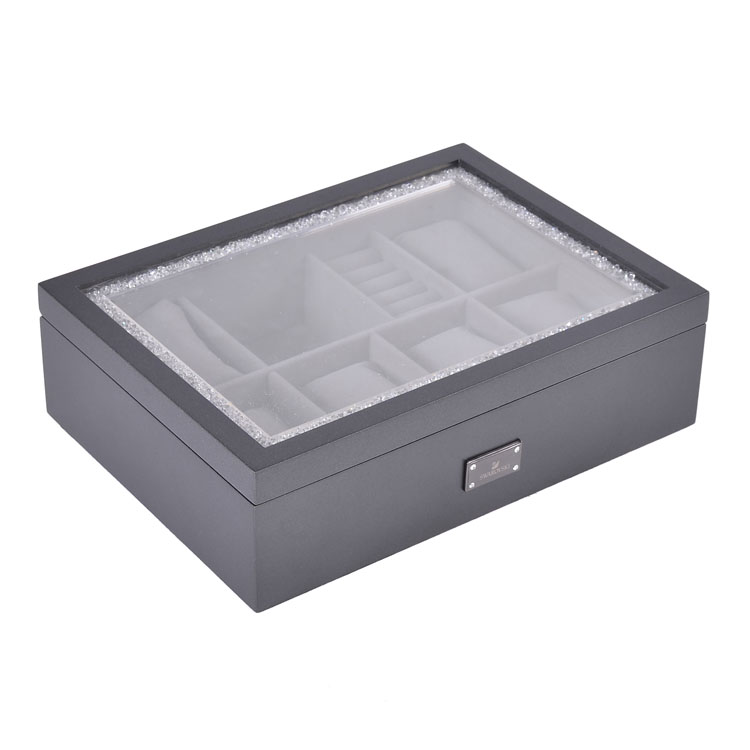 Caja de almacenamiento para exhibición de joyas y relojes, color gris con brillo perlado, 8 ranuras, con ventana acrílica