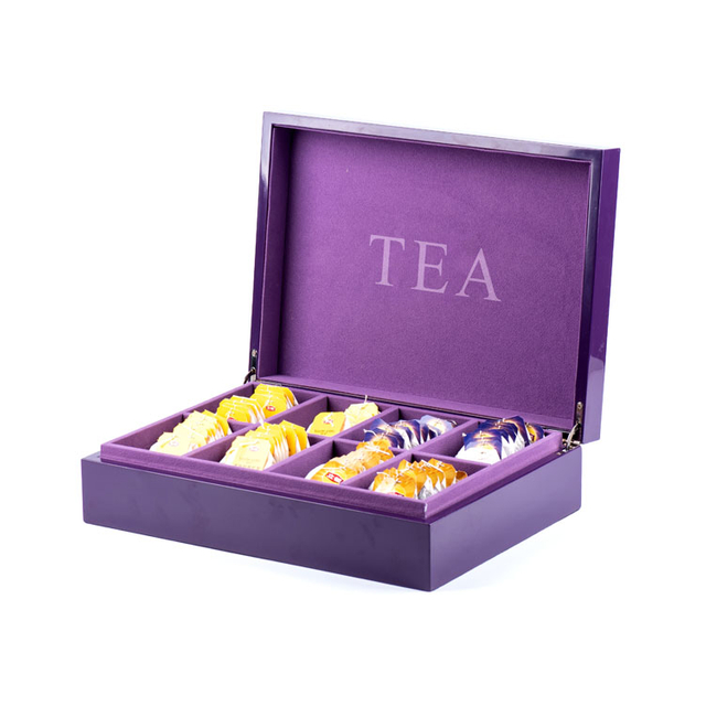 bolsitas de té moradas caja de té de madera canónica
