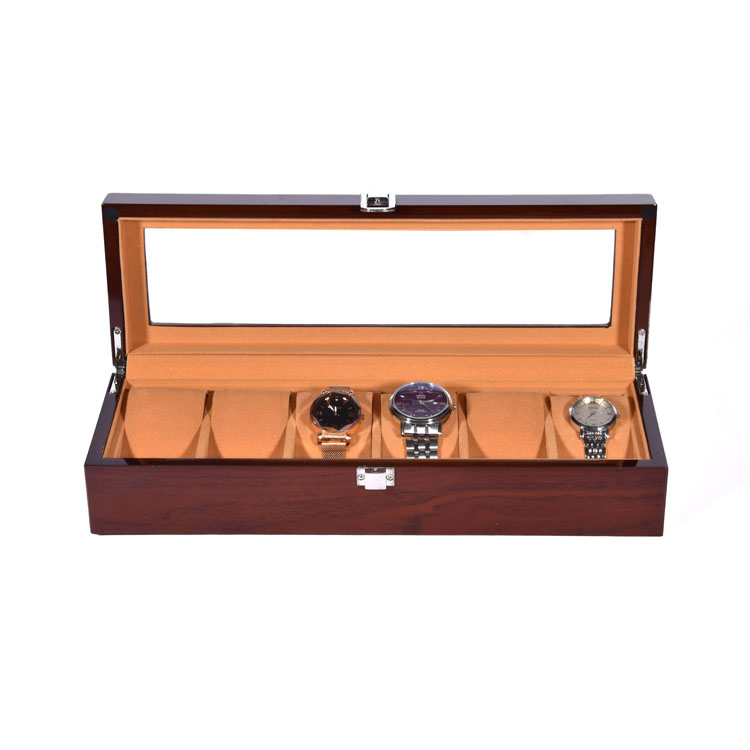 Caja de empaquetado al por mayor de la presentación del reloj de la ranura de Brown 6 con la ranura de madera de la caja de reloj de la ventana clara 6