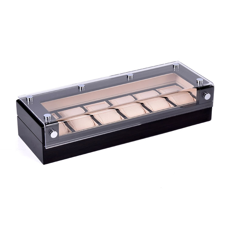 Caja de almacenamiento de madera del reloj de la exhibición de lujo de las ranuras del negro 6 con la almohada de cuero