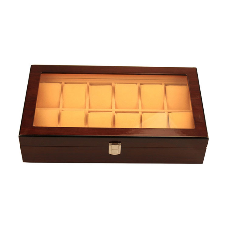 Caja de almacenamiento de madera vendedora caliente al por mayor del reloj de 12 ranuras con la tapa clara