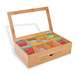 Productos Tea Box Bag Storage Soporter Organizador de bambú El contenedor de cofre de madera tiene 8 compartimentos viene con cajón completo