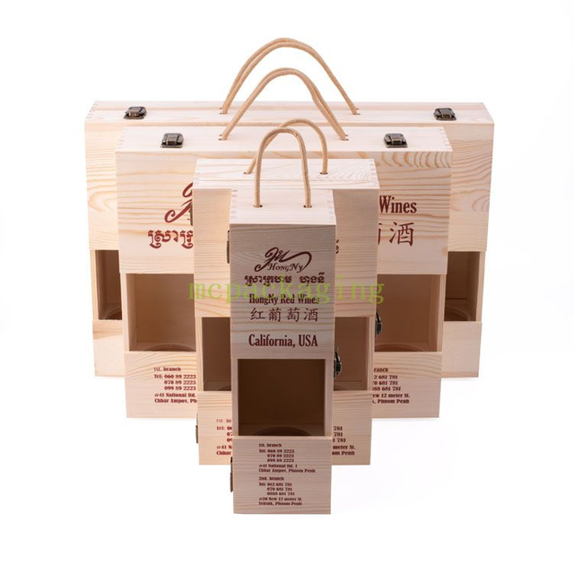 Logotipo personalizado de madera maciza 1, 2, 4, 6 botellas, caja de regalo de embalaje de vino de madera a granel