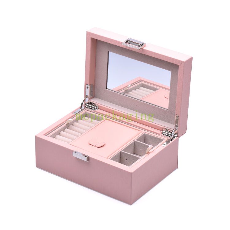 Nueva llegada de lujo Mini cuero Pu pequeño joyero de viaje organizador regalos de mujer caja de almacenamiento de joyería con logotipo personalizado con espejo
