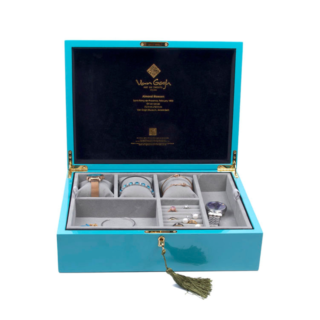 Caja de almacenamiento de joyería de madera impresa con bandeja interior extraíble y versátil