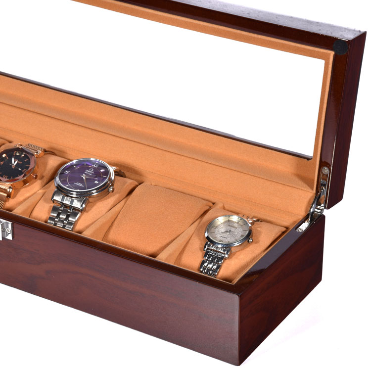 Caja de empaquetado al por mayor de la presentación del reloj de la ranura de Brown 6 con la ranura de madera de la caja de reloj de la ventana clara 6