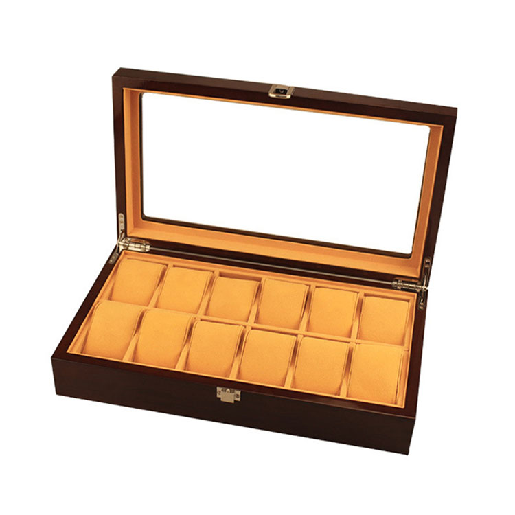 Caja de almacenamiento de madera vendedora caliente al por mayor del reloj de 12 ranuras con la tapa clara