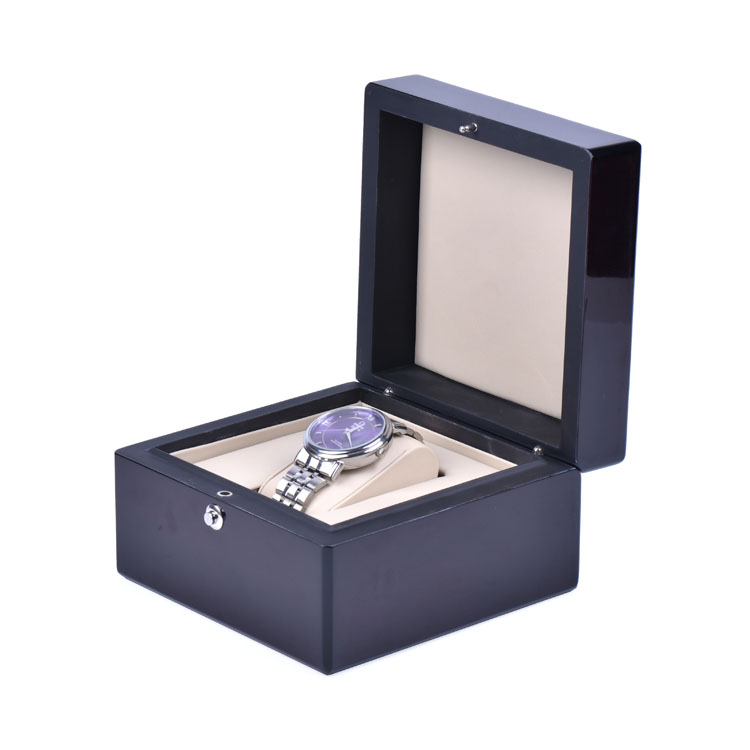 Caja de embalaje de reloj con cerradura segura negra, logotipo personalizado de alta gama personalizado de fábrica de cajas de madera con llave