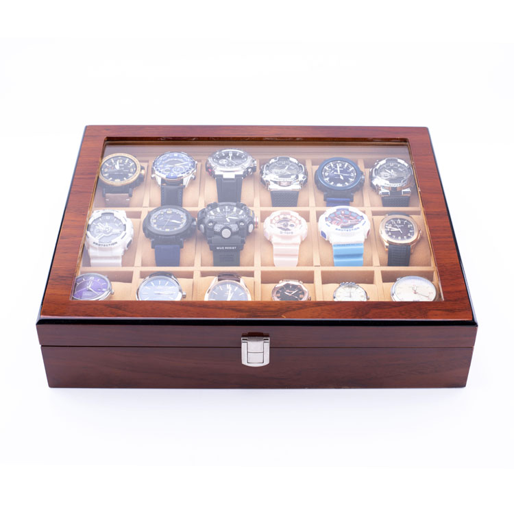 Organizador de almacenamiento de relojes de alta calidad con 18 ranuras WoodBox Factory con tapa transparente
