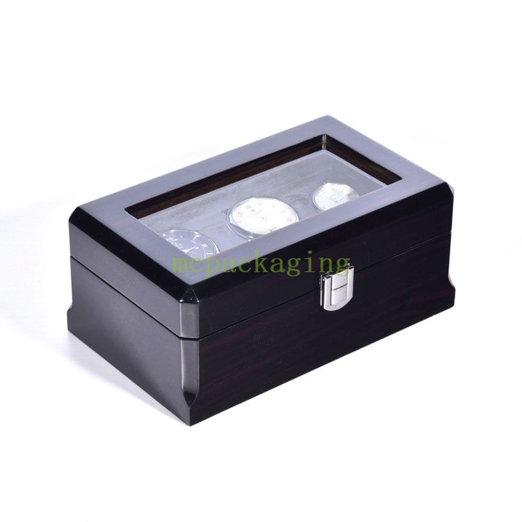Caja de almacenamiento de empaquetado del reloj de madera de la exhibición de 3 ranuras del negro de gama alta con la caja de embalaje de madera de la ventana clara