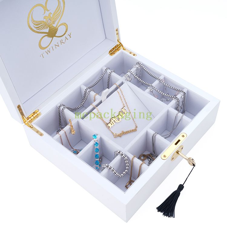 Caja para presentación de joyas de madera con tapa de cristal, caja de madera portátil para anillos y joyas, llave de bloqueo de caja de madera