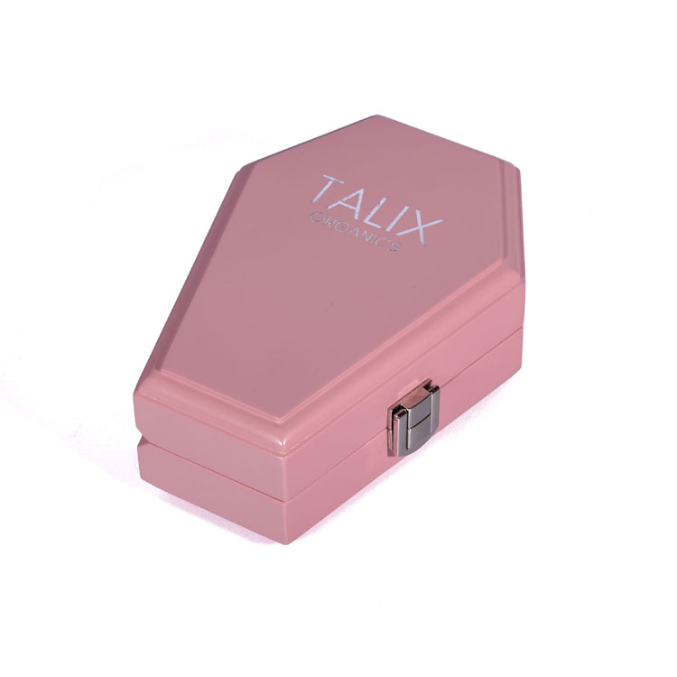 Bisagra de doble columna plateada Lock Japones Pink PU Interior Creative Creative Hexagonal en forma de ataúd Box de madera Embalaje hecho a medida