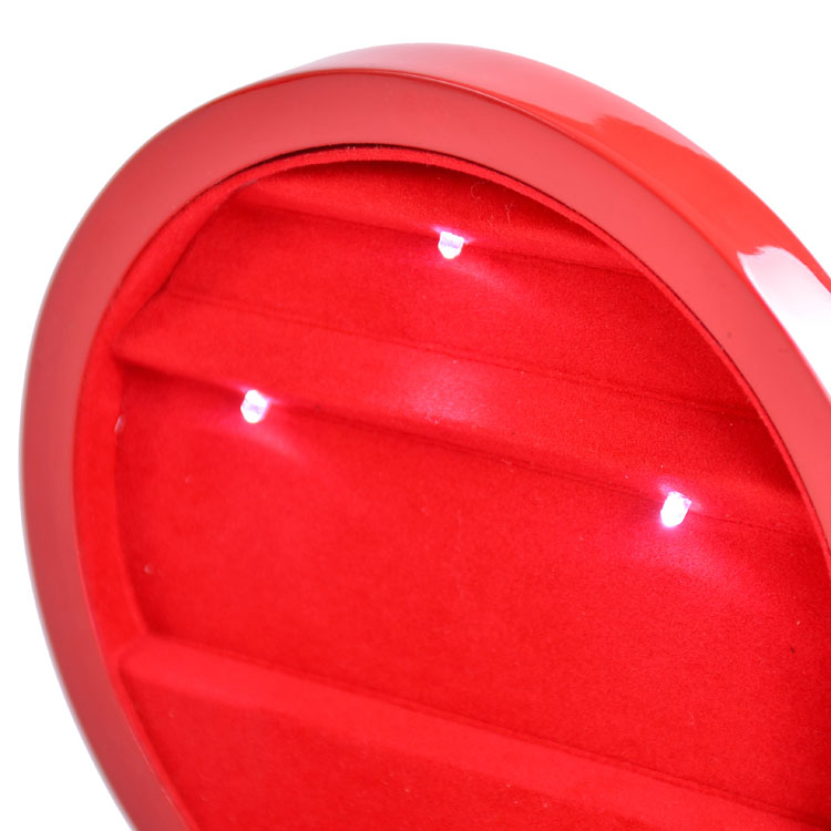 Caja de madera para joyería con laca de forma redonda y luz LED