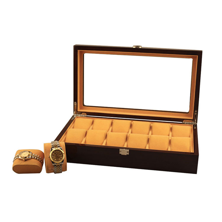 Caja de almacenamiento de madera vendedora caliente al por mayor del reloj de 12 ranuras con la tapa clara