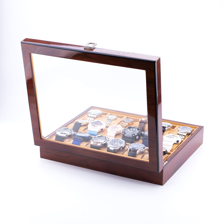 Organizador de almacenamiento de relojes de alta calidad con 18 ranuras WoodBox Factory con tapa transparente