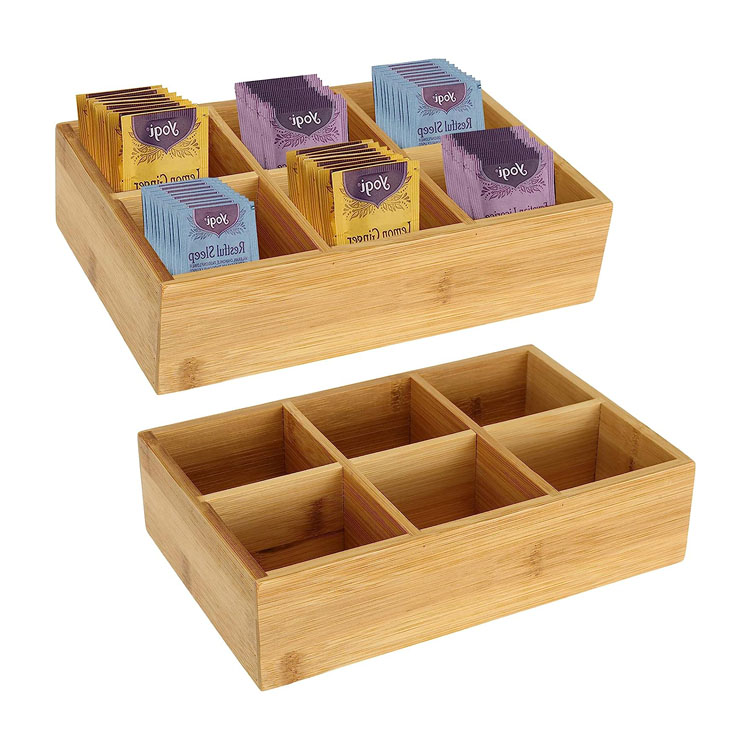 Organizador de bolsas de té de bambú Madera Hot Hot Bag Bag Organizer Organizador de almacenamiento con 6 compartimentos Caja de té de té para estación de café