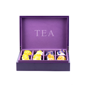 bolsitas de té moradas caja de té de madera canónica