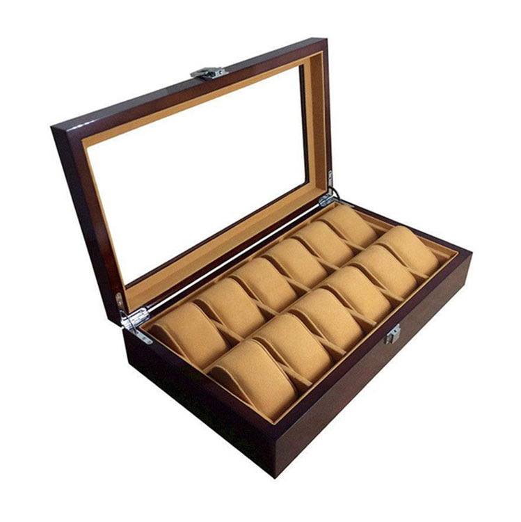 Caja de almacenamiento de madera vendedora caliente al por mayor del reloj de 12 ranuras con la tapa clara