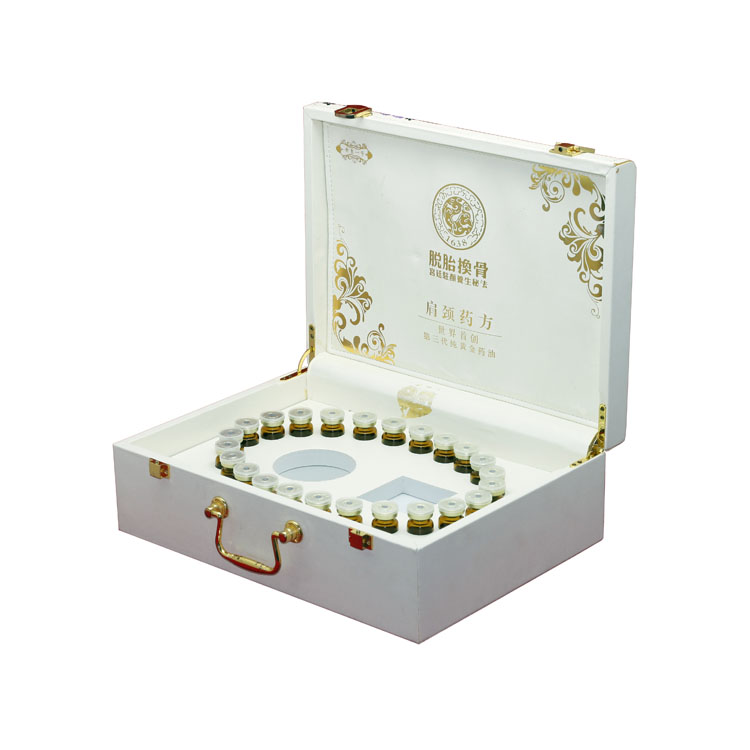 Organizar la caja personalizada de envasado de regalo de aceite cosmético de cuero de cuero blancos con colapso al aire libre.