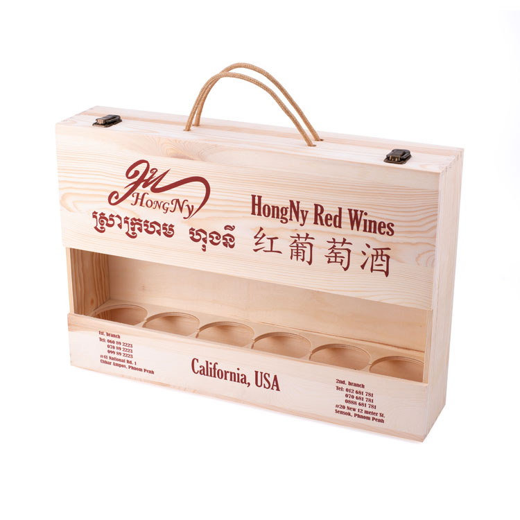 Caja de vino de madera con embalaje de regalo, Moq bajo de gama alta, 6 botellas, caja de vino de madera con accesorios para 6 botellas de vino tinto