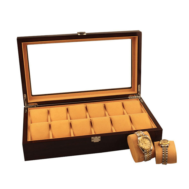 Caja de almacenamiento de madera vendedora caliente al por mayor del reloj de 12 ranuras con la tapa clara