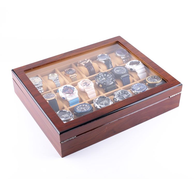 Organizador de almacenamiento de relojes de alta calidad con 18 ranuras WoodBox Factory con tapa transparente