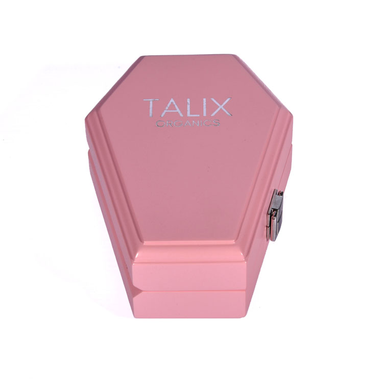 Bisagra de doble columna plateada Lock Japones Pink PU Interior Creative Creative Hexagonal en forma de ataúd Box de madera Embalaje hecho a medida